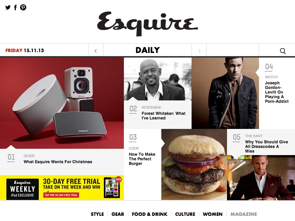Esquire – The Smart Man’s Guide to The Best in Style, Food, Gear, Culture and more